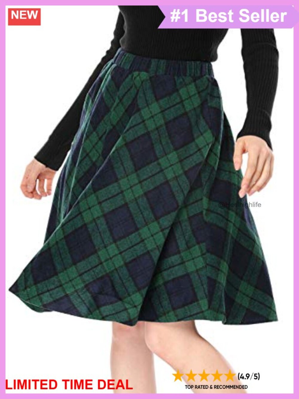 Plaid A-Line Short Skirt Elastic Waist Knee Length Fully Lined Vintage Tartan